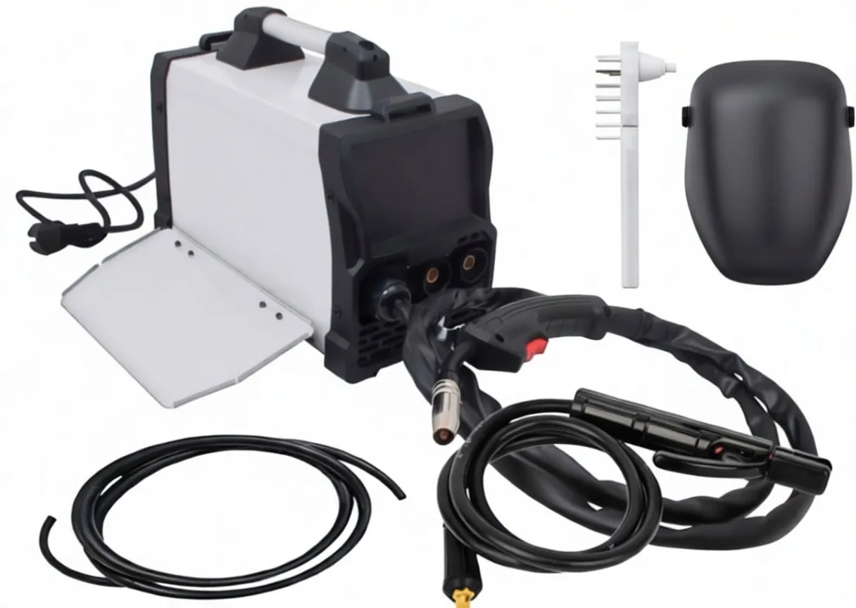 Rear view of welding machine showing cooling fan grill, red power switch and mains cable, with torch and ground cables in foreground.