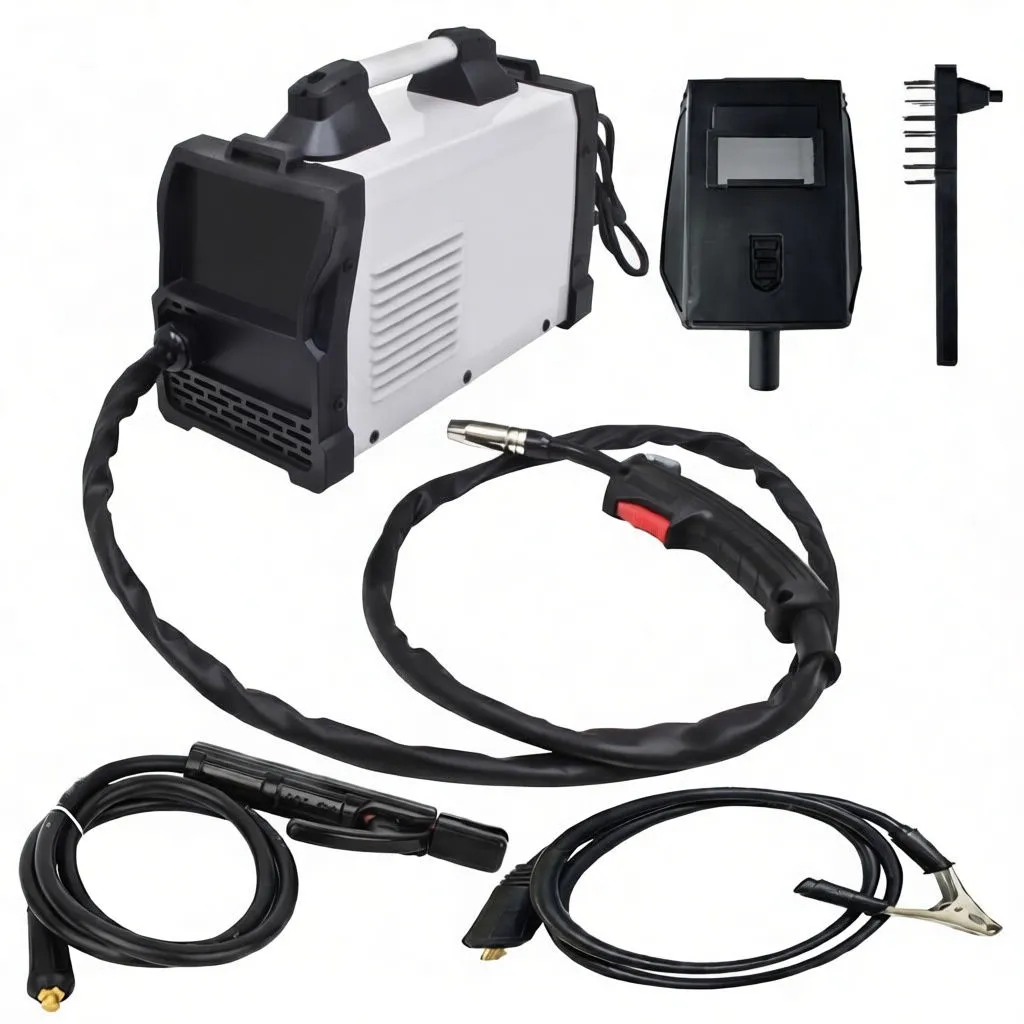 Close-up of welder front controls with display and two knobs, torch with red trigger and ground cable visible.