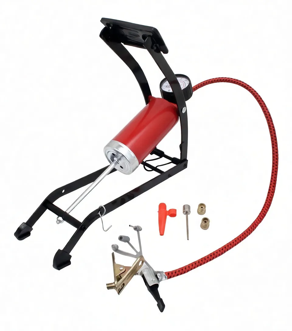 Side-angle of foot pump showing pedal, red cylinder with label, braided hose and accessories