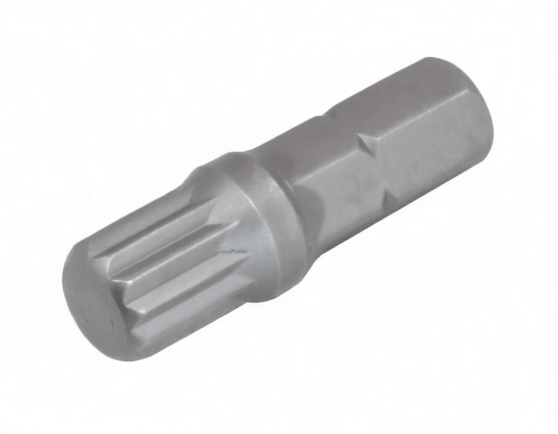 End view of a splined driver bit showing multi‑tooth tip and stamped marking on the shank