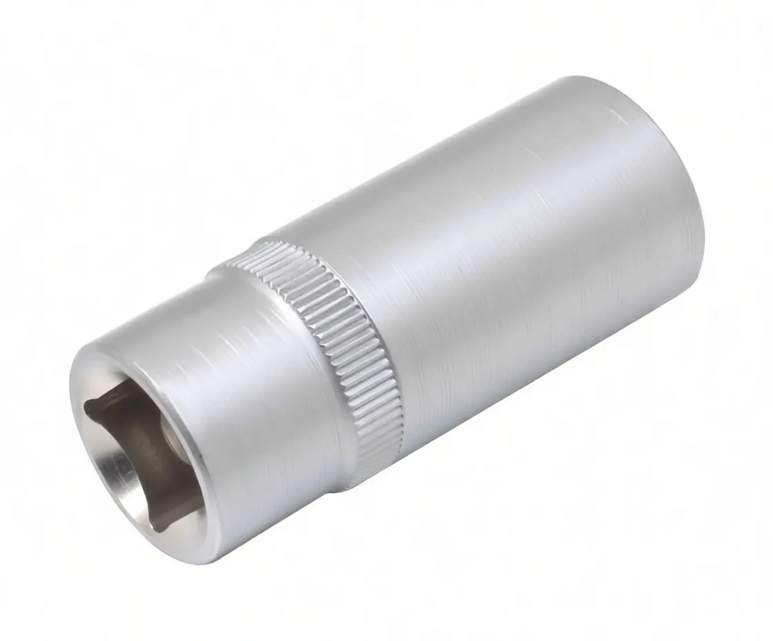 Angled close-up of chrome socket showing four‑lobed drive recess, knurled grip band and engraved model marking on the tube.