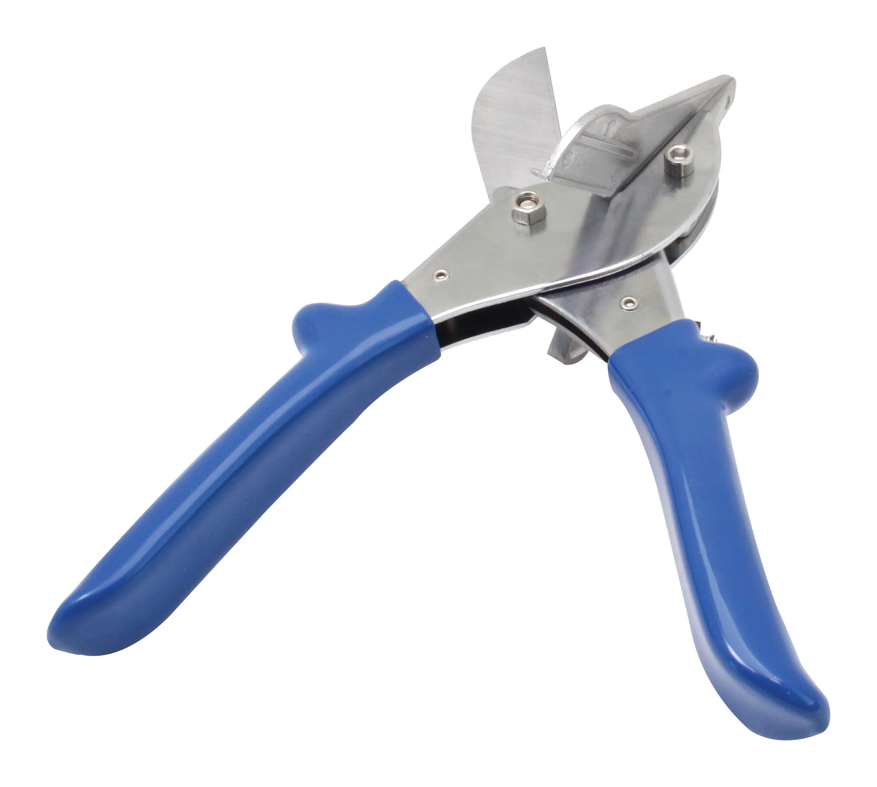 studio image of slightly open miter shears with blue handles