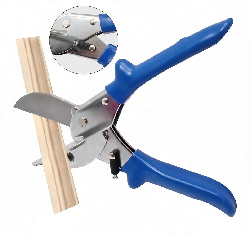 three-quarter view of blue-handled shears showing blade and latch