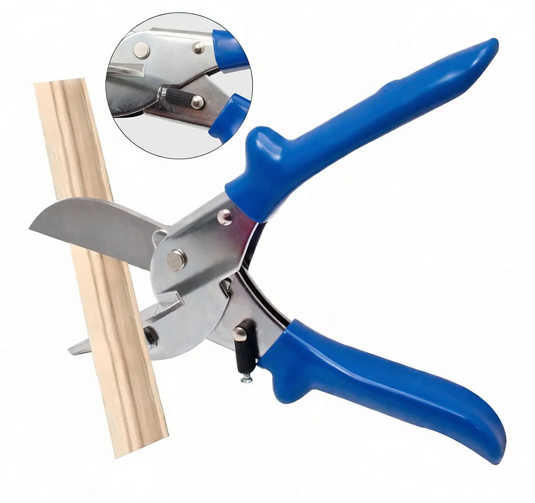 shears cutting a trim piece, showing blade and handle close-up