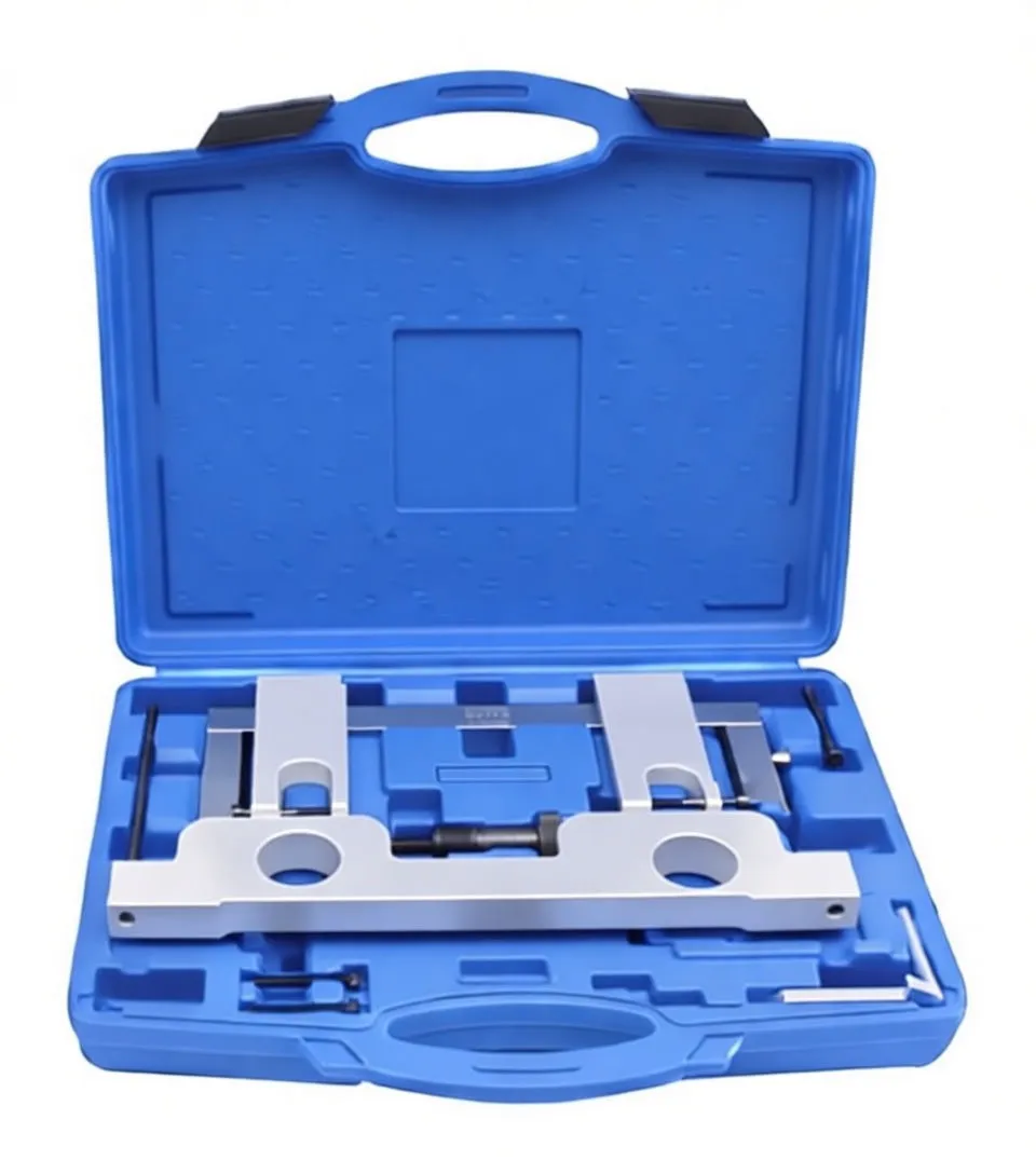 Angled view of blue case with black locking plate, silver crossbar and assorted bolts and pins for BMW N20/N26 timing