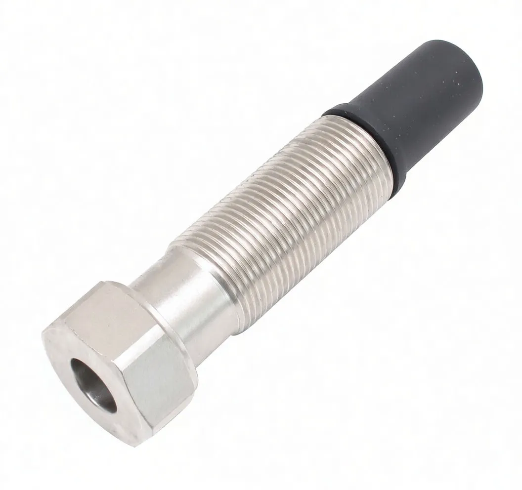 Three-quarter view of metal tensioner pin with hollow hex head, threaded body and ASTA tip