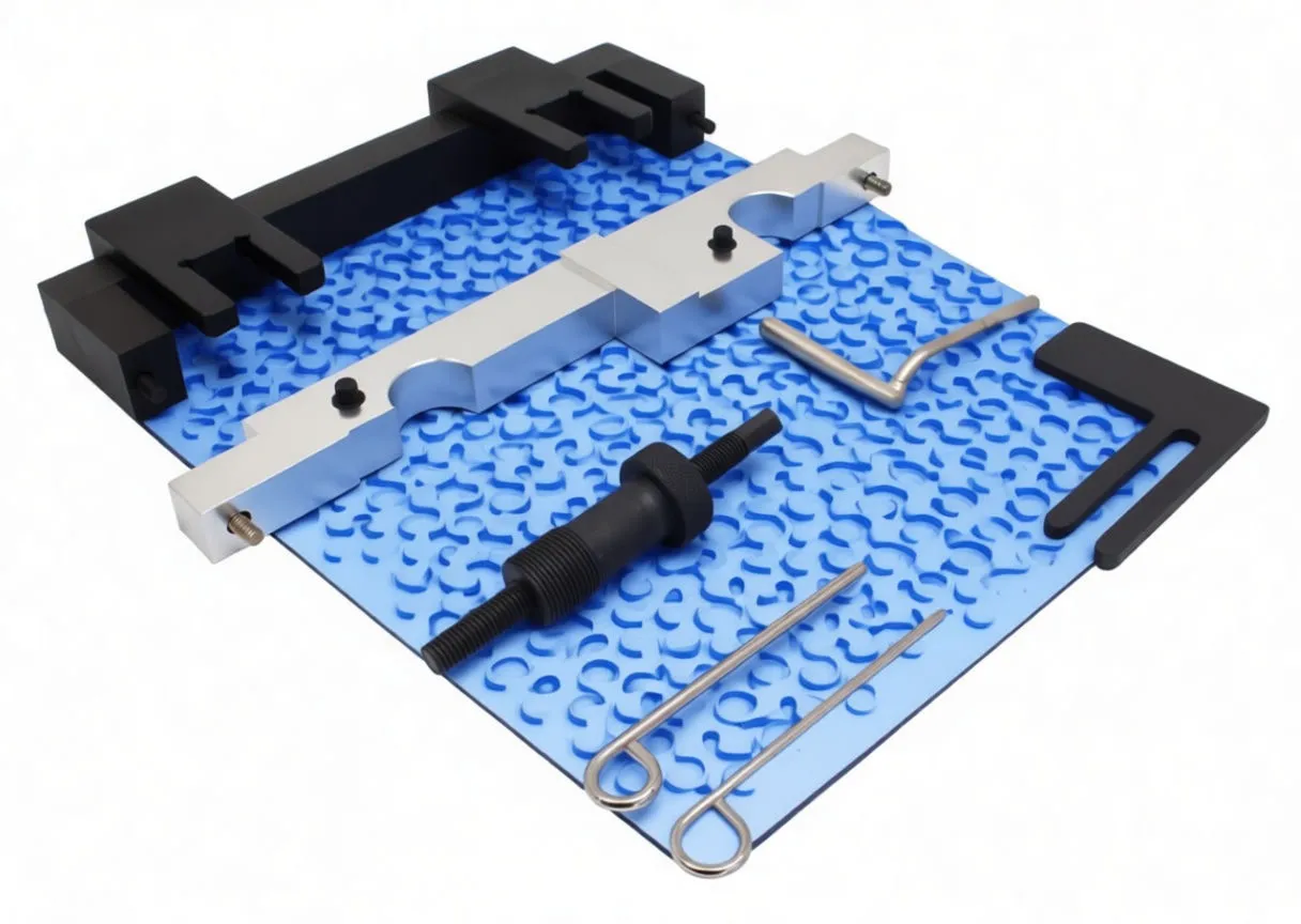 Front view of open tool case showing aluminum locking bar, black support blocks, threaded tool and locating pins