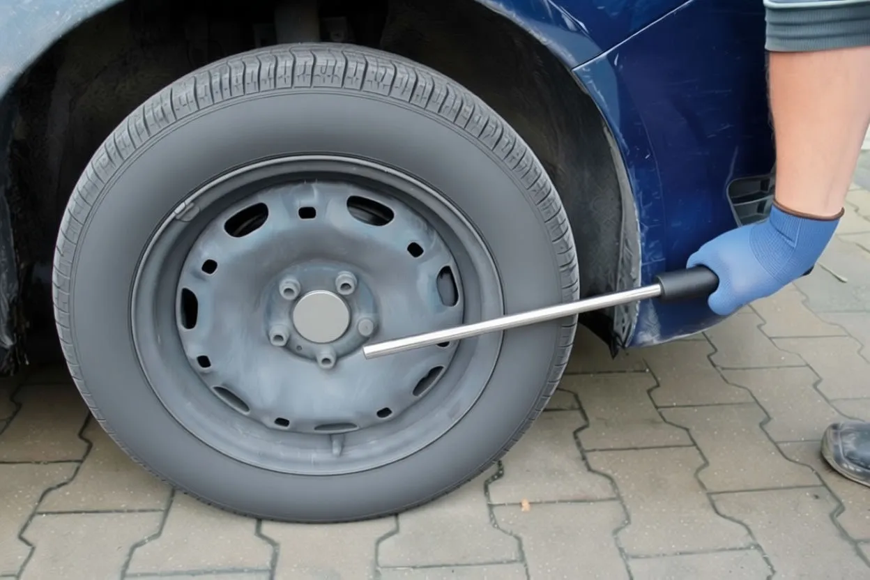 Torque wrench angled showing handle, long shaft, blue measurement dial and socket head