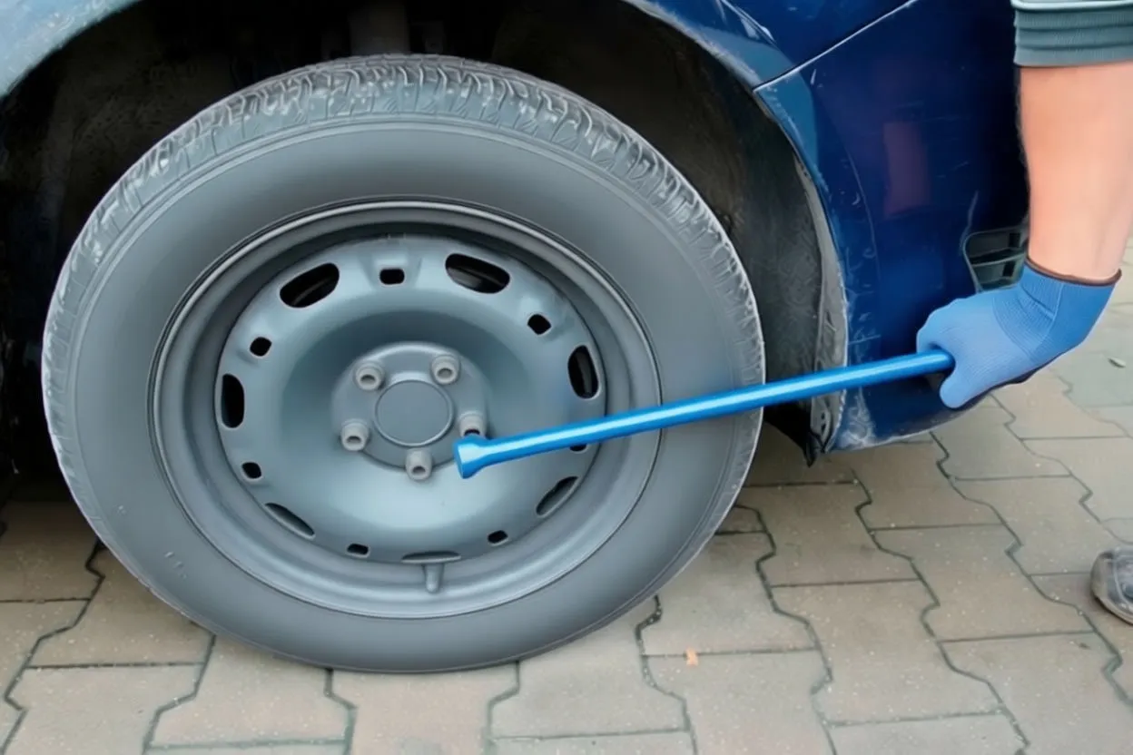 Person using needle torque wrench on car wheel lug nut, blue scale visible