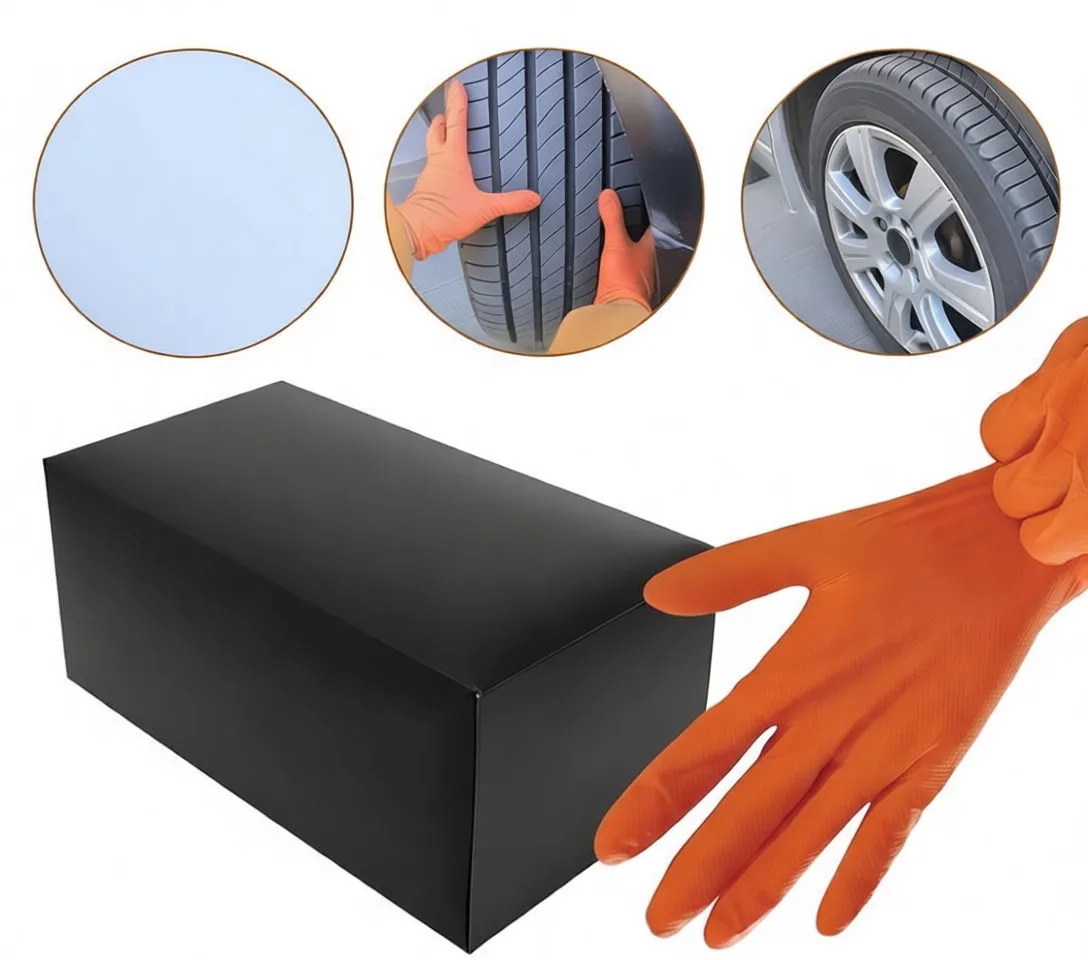 Clenched orange nitrile glove in front of saTra S-M9GYD box labeled 100 pieces