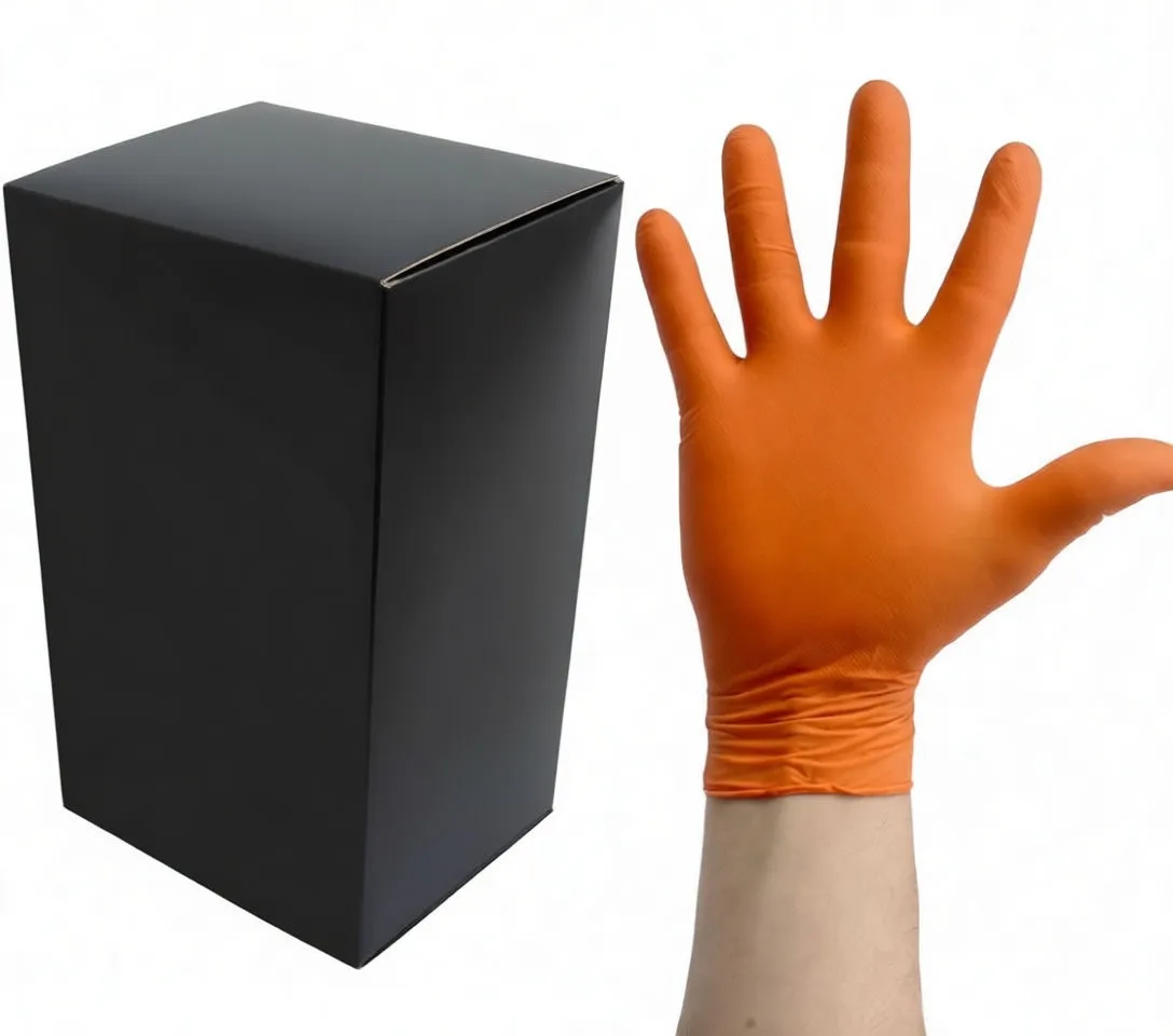 Tall SaTra glove box with an open-palmed orange nitrile glove; textured palm and wrist cuff visible alongside packaging graphics.