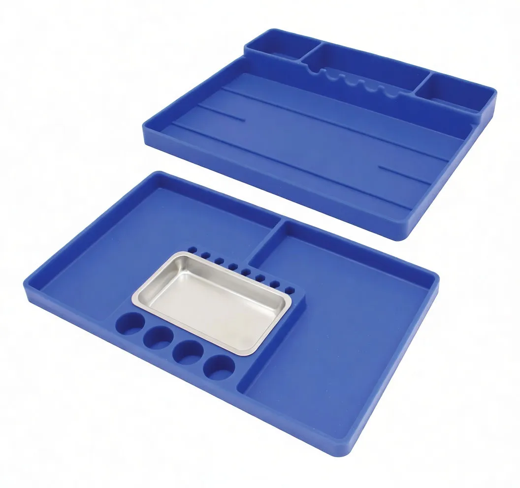 Angled separated blue tool trays with removable stainless steel parts tray and 'saTra' logo visible.