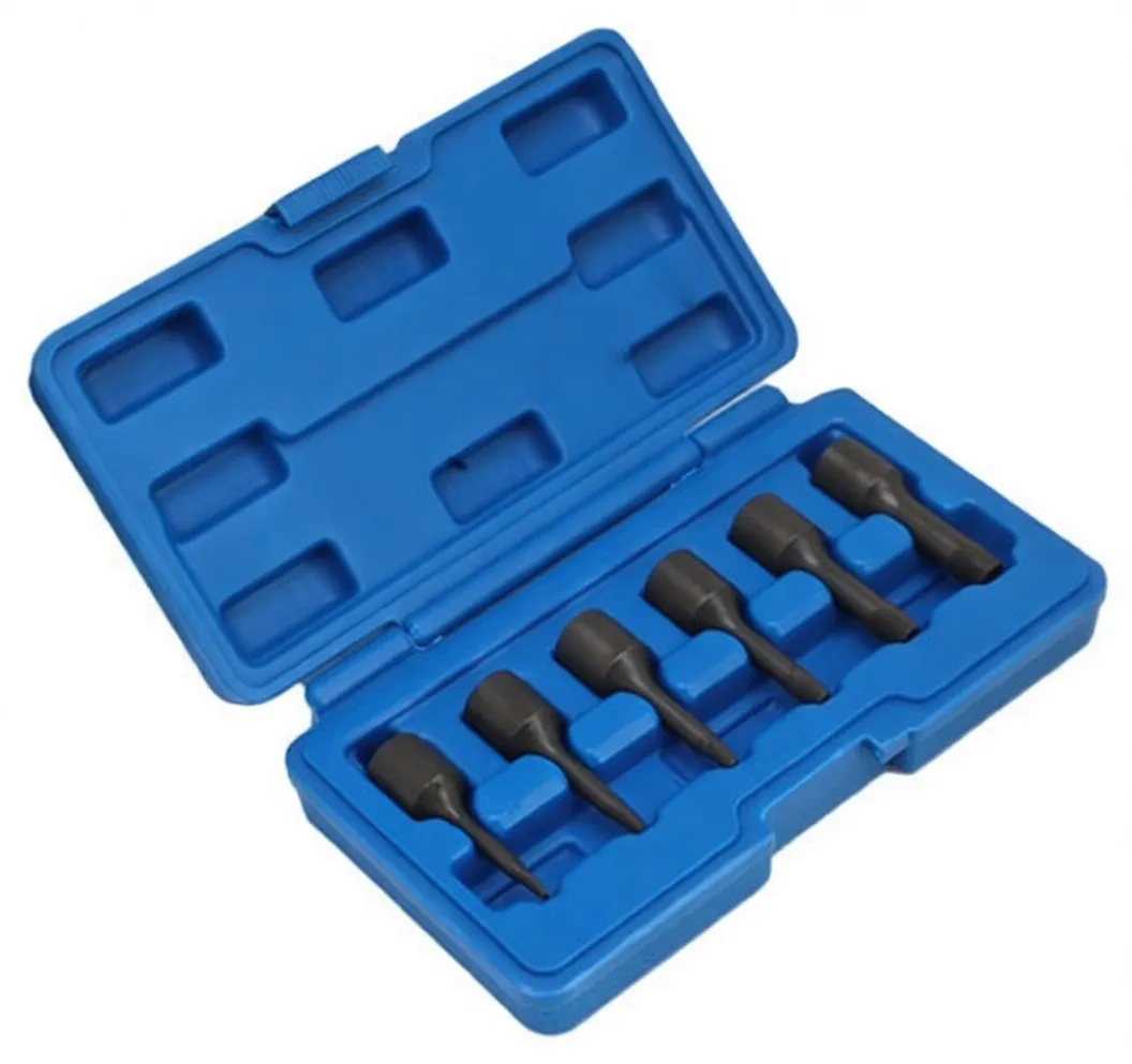Closed blue molded plastic carrying case for a six-piece extractor set with molded lid recesses and a black latch.