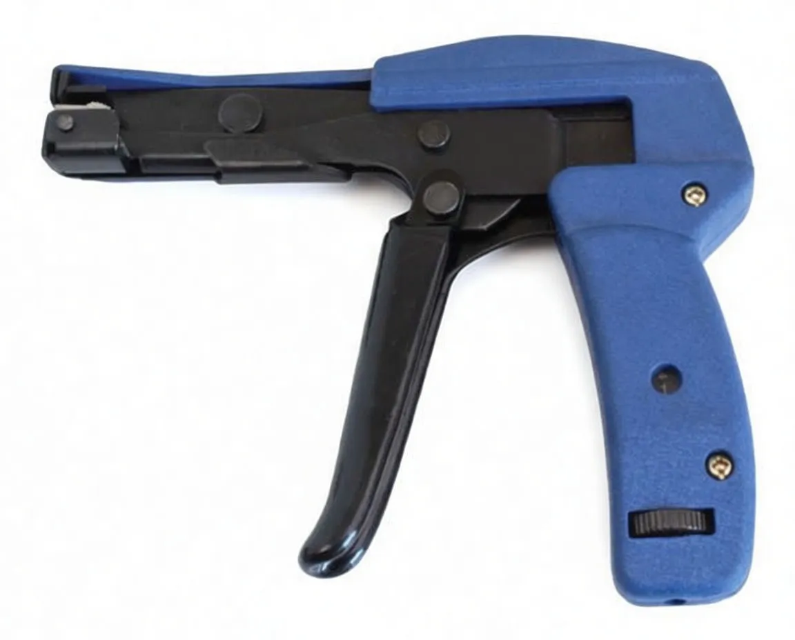 Angled top-side image of blue and black cable tie tool showing front jaw, trigger, adjustment dial and 'saTra S-NC2448' marking