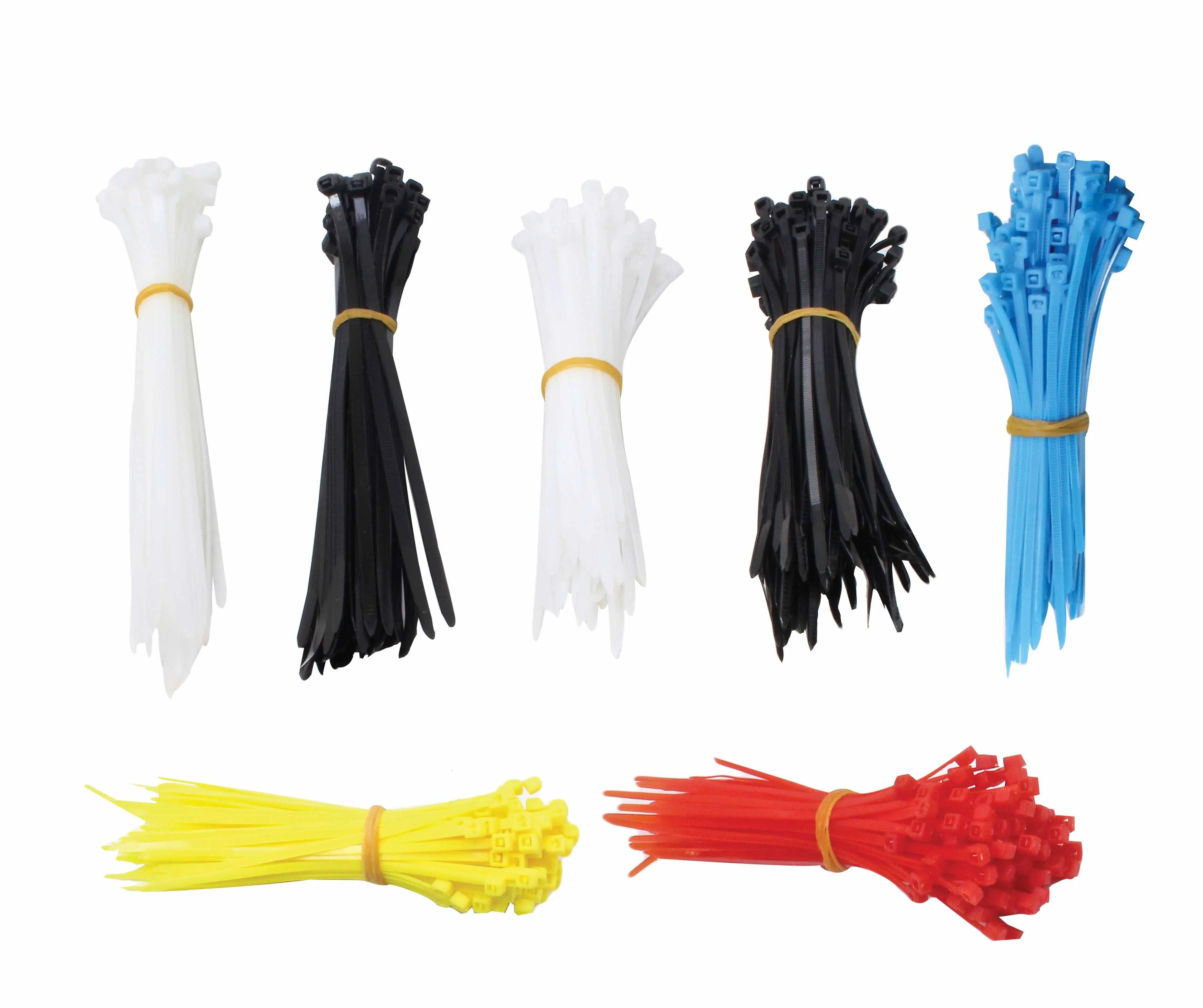Rows of bundled nylon cable ties in multiple colors