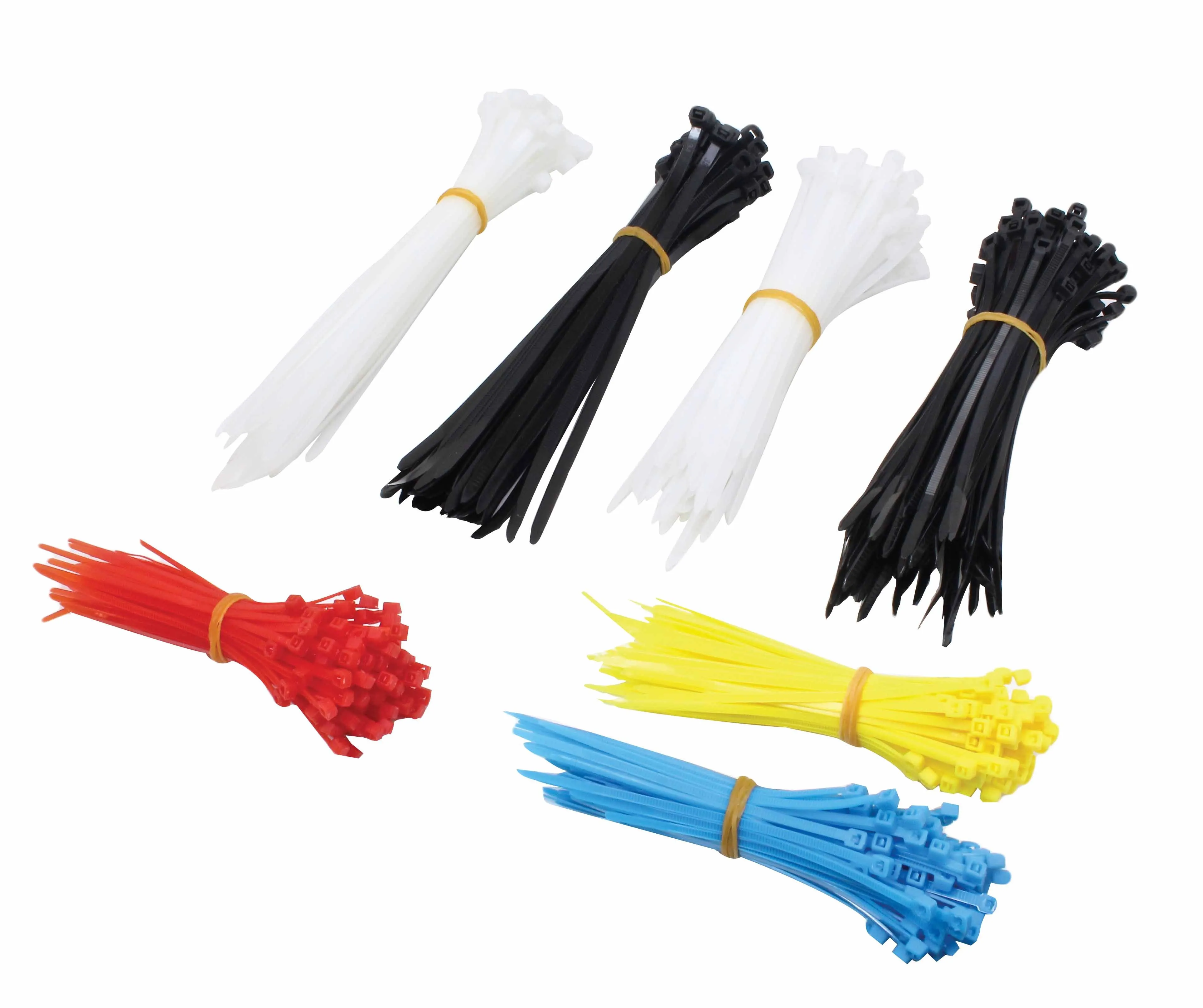 Grouped bundles of cable ties in black, white, red, yellow and blue