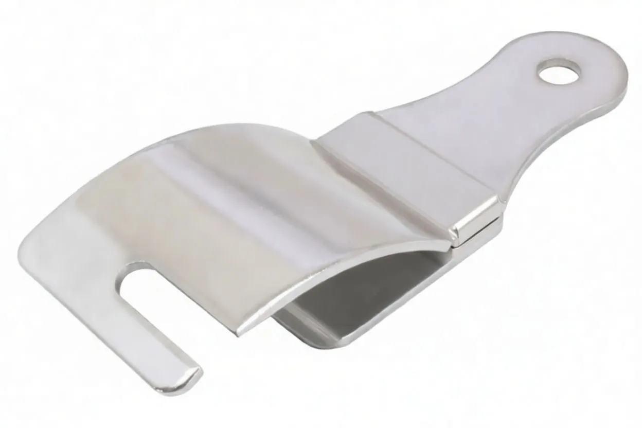 Top-side view of chrome tire lever with curved prying lip, slot, weld and brand stamp