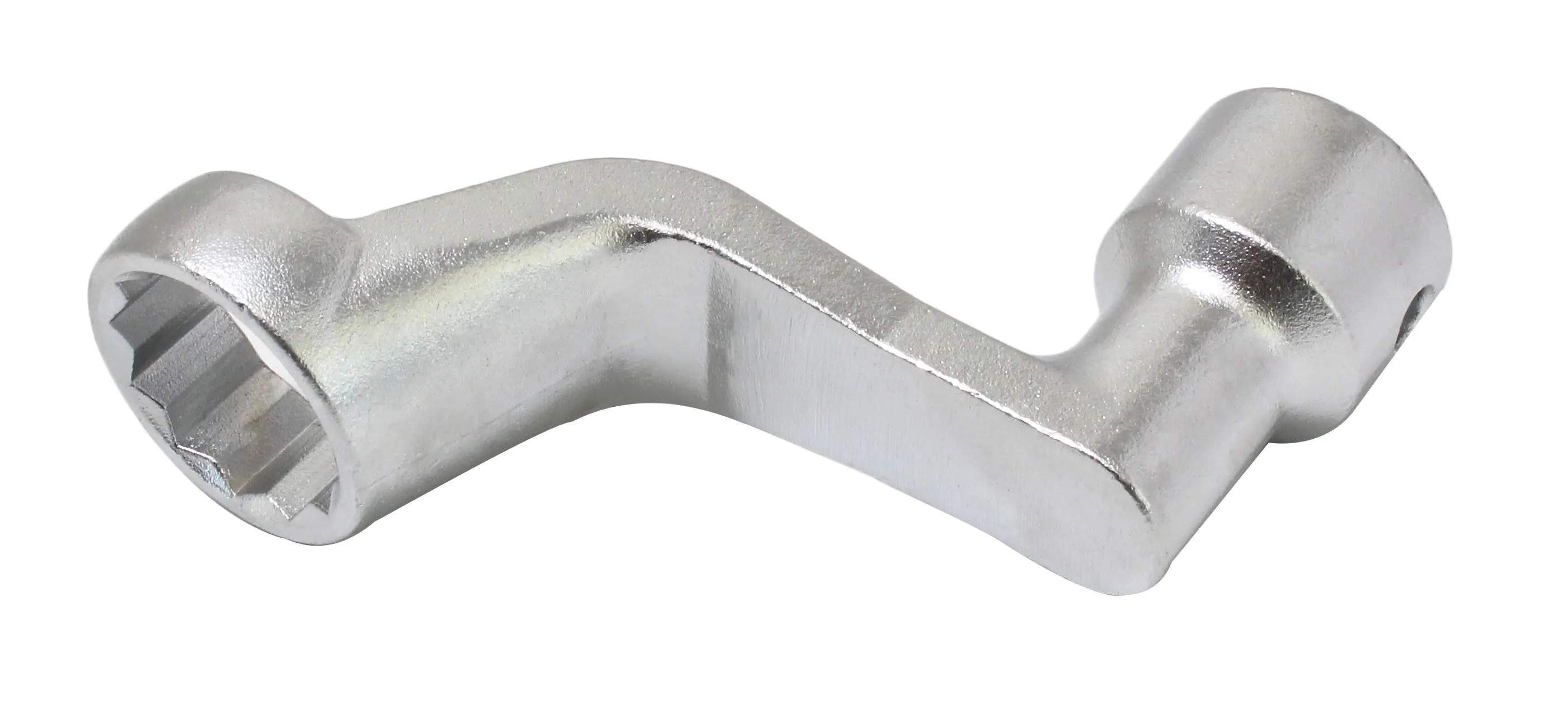 Alternate angle of offset 24mm oil filter wrench showing S-shaped body, 12-point internal profile, and square-drive socket with through-hole