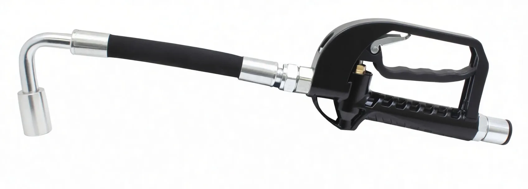 Side profile of assembled oil dispensing nozzle with pistol grip, foam hose and L-shaped chrome spout