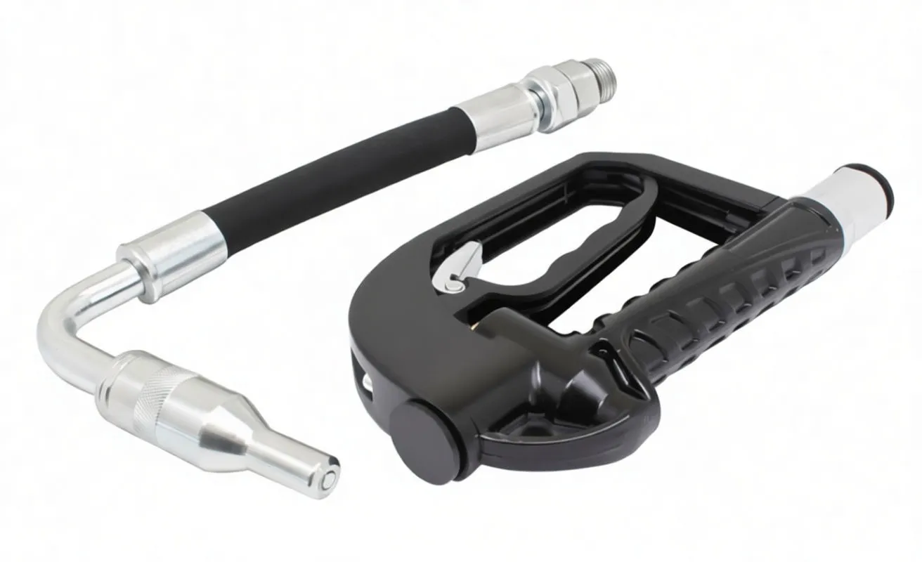 Nozzle and hose assembly laid out showing black plastic gun, trigger, foam-covered hose and threaded metal nozzle tip