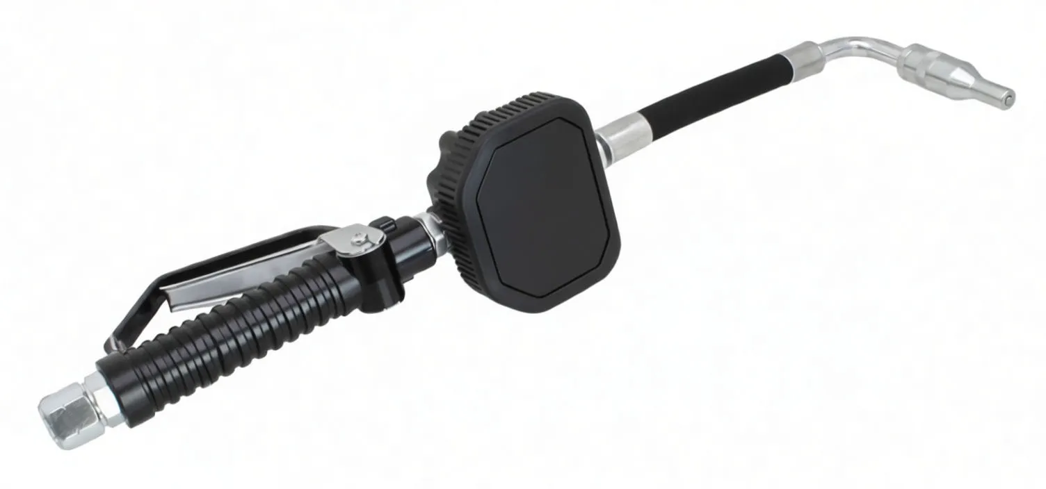 Close-up of black pistol-grip oil nozzle with rectangular digital flow meter, control buttons and curved metal spout