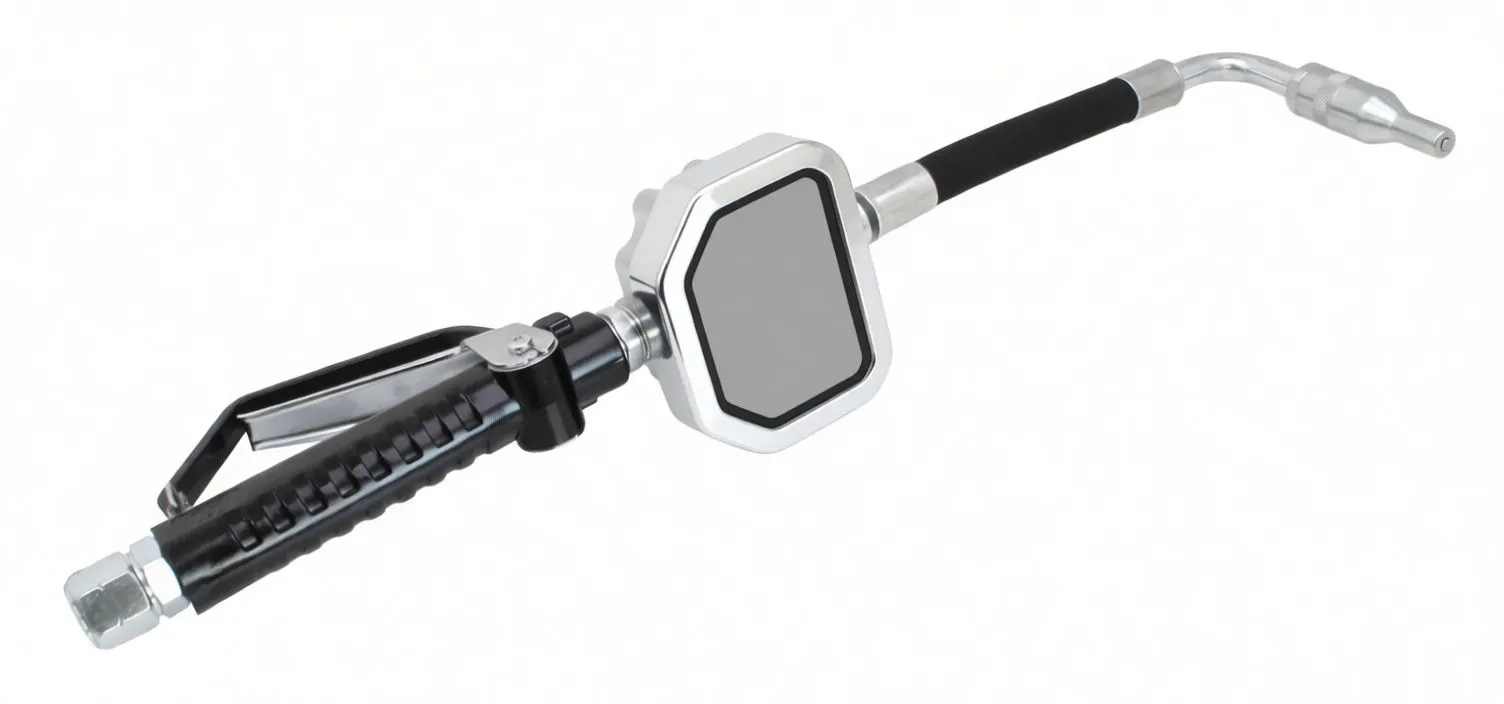 Rear-right perspective of oil distribution kit with pump tube, hose connections, dispenser hanging from frame and four-wheeled base