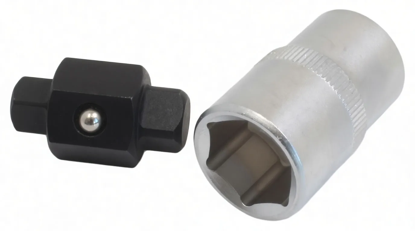 Angled view of ASTA two-piece oil drain plug key set: black adapter with 8 and 10 markings and detent ball, and chrome A-2DPK multi-point socket