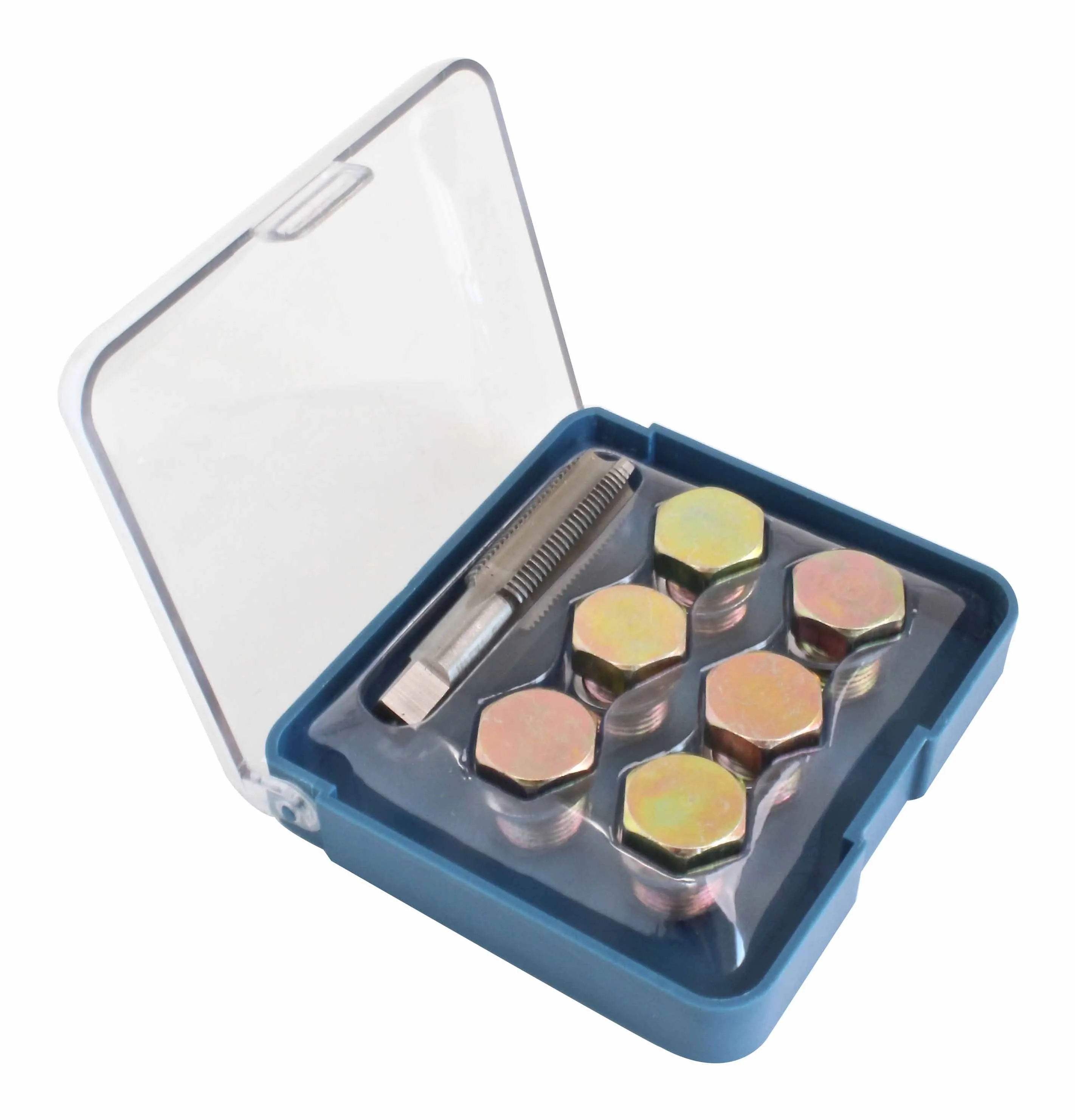 Open blue plastic case at an angle with six hex drain plugs and a fluted steel tap inside