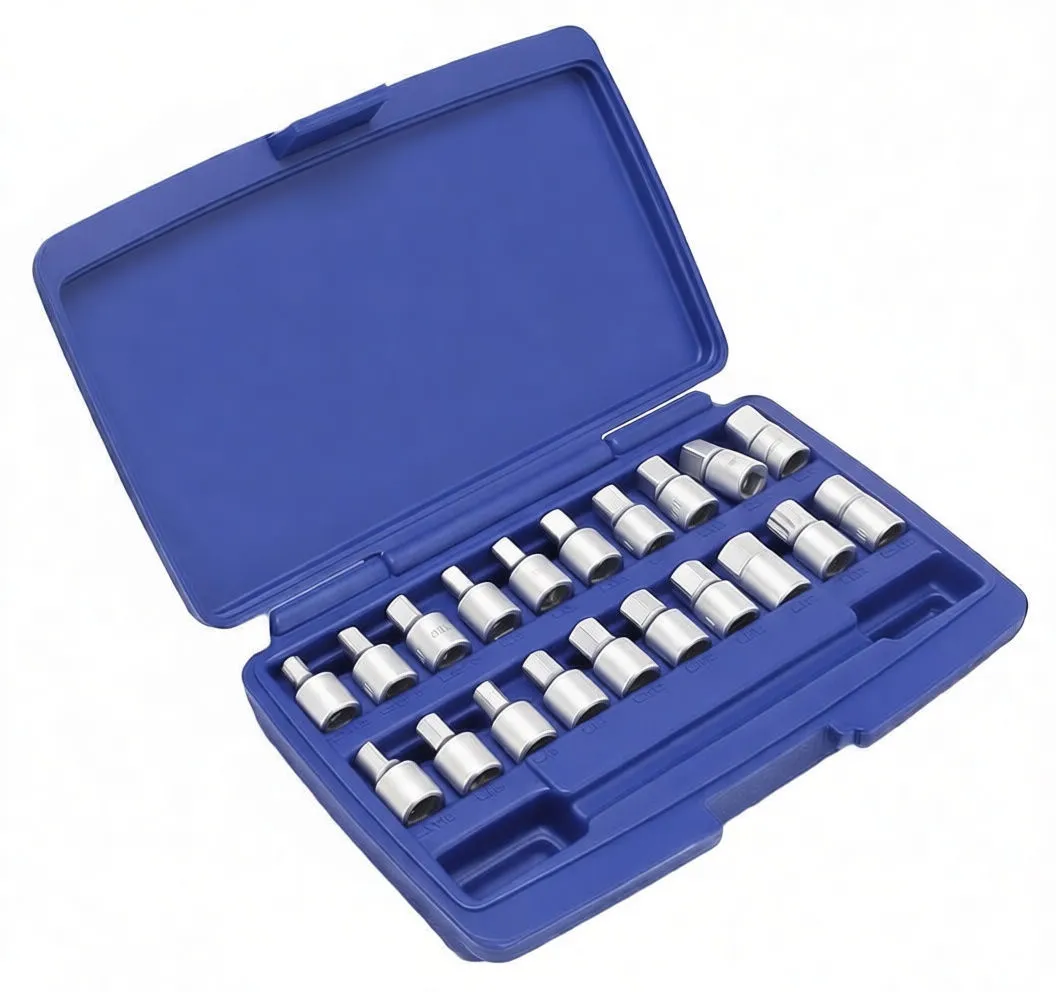 Line of chrome oil-plug sockets with sliding T-handle above them on white background