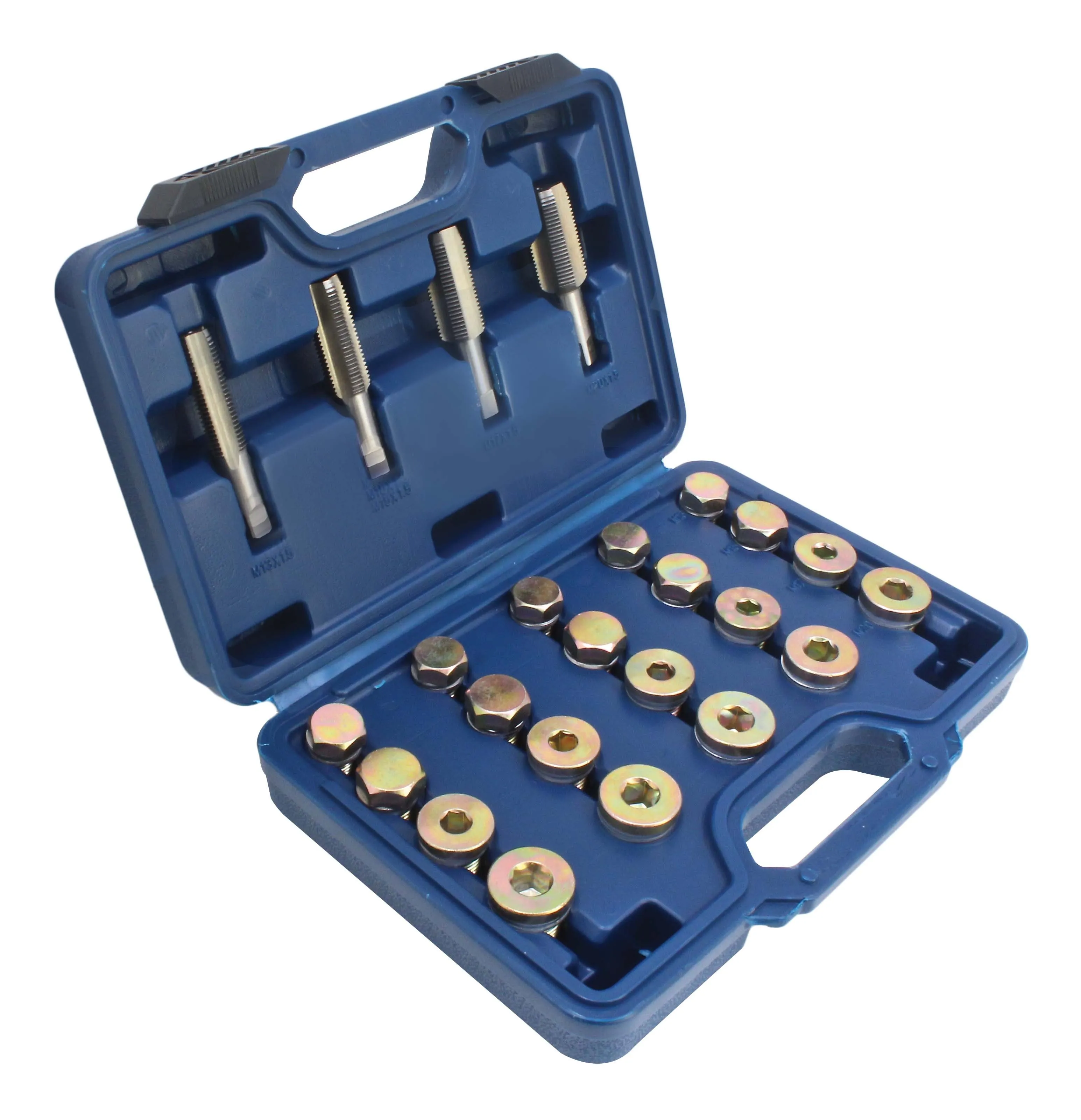 Angled view of the open blue case showing steel taps in the lid and plated repair plug inserts in the base with handle visible.