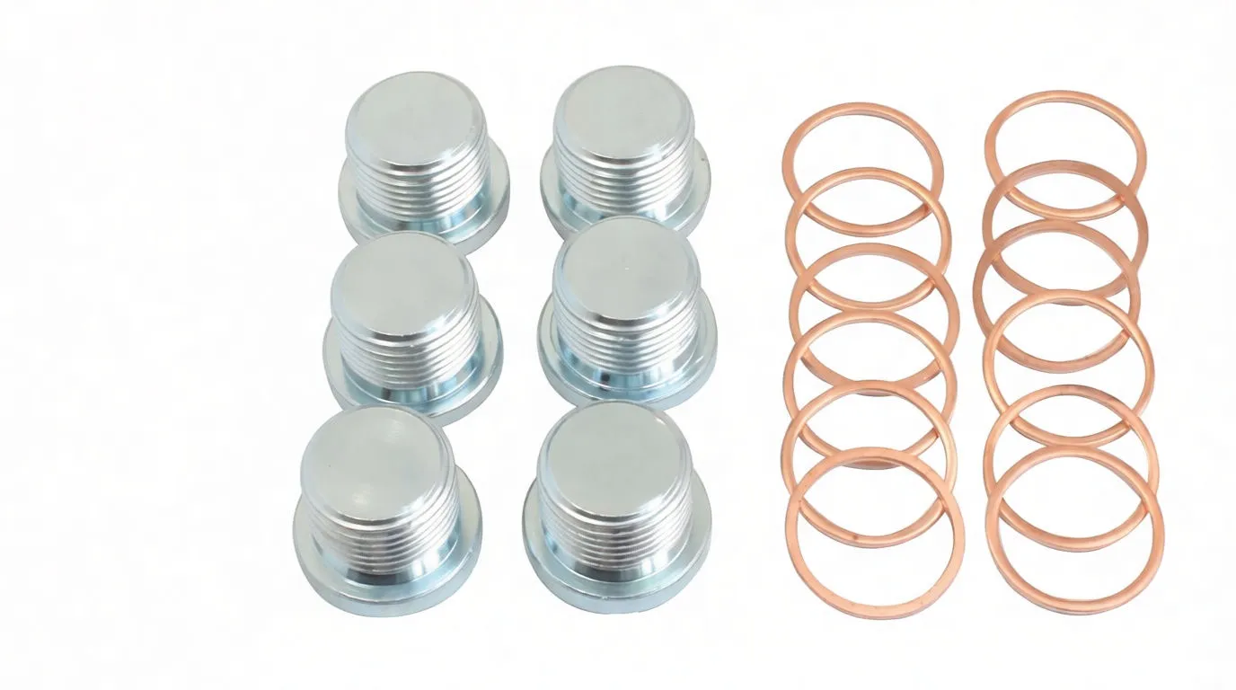 Components laid out: threading tap, six silver threaded plugs, and copper crush washers