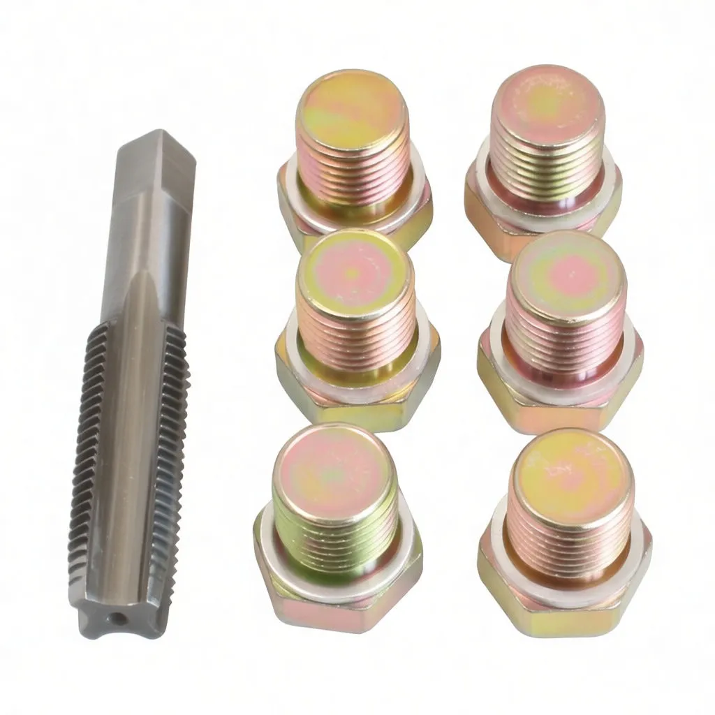 Six zinc-plated threaded drain plugs and one steel thread tap laid out on white