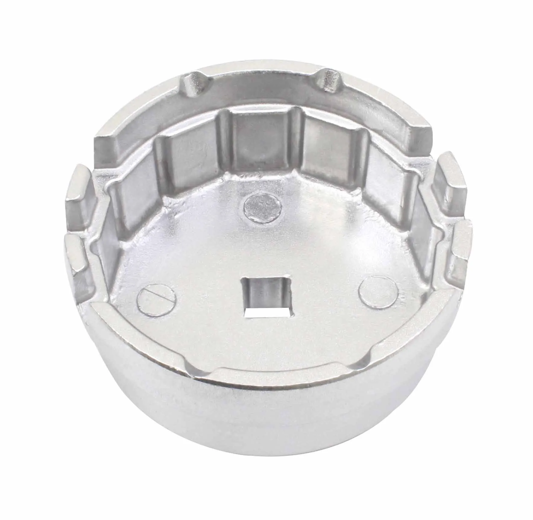 Front view into open end of silver oil filter cup showing internal ribs, slots and square drive recess