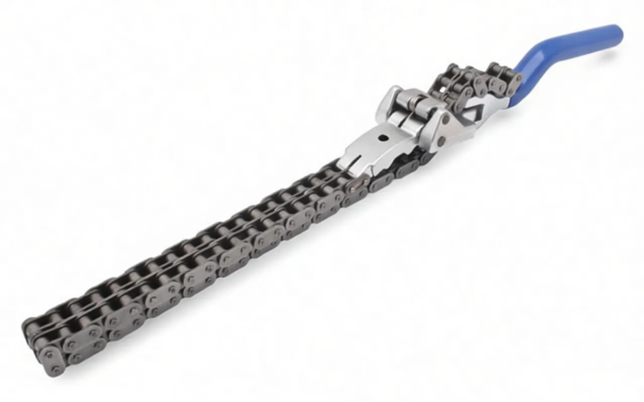 Side view of oil filter chain wrench with long metal chain extended and blue handle in background