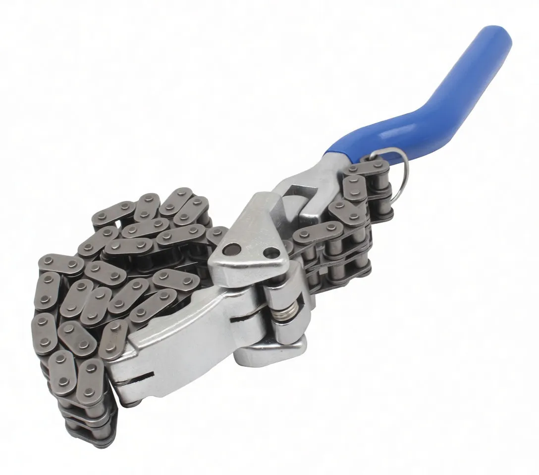 Angled top view of chain wrench with blue handle, folded double-chain and metal hinge visible