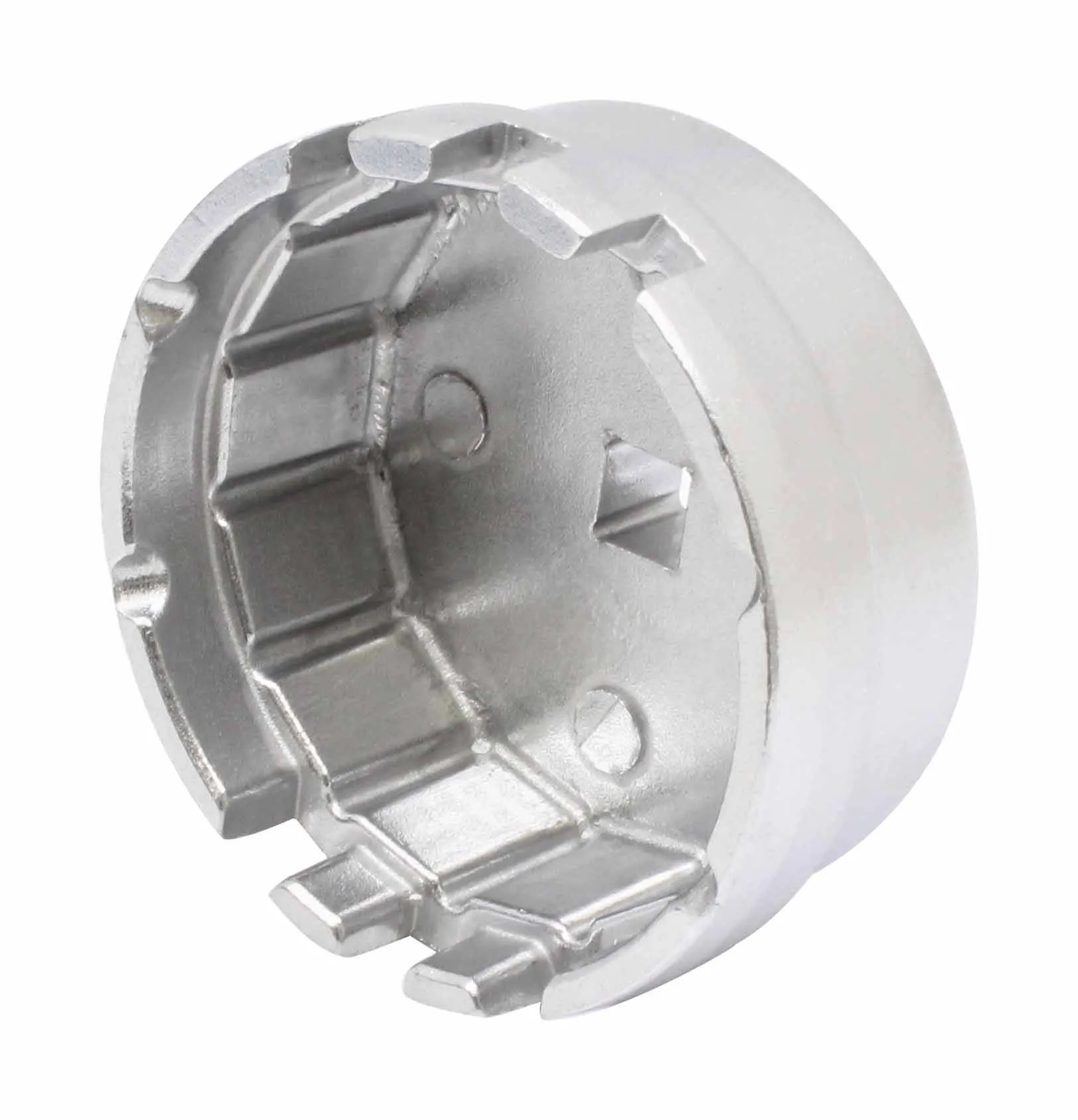 Oblique interior view of metal oil filter cup showing multiple inward tabs, molded pockets and square drive hole