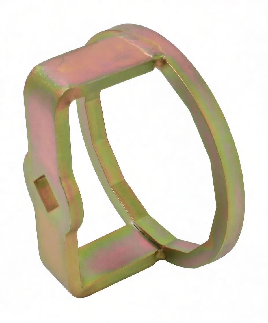 Angled side view of plated steel oil filter cap wrench showing supports, square drive opening and brand marking