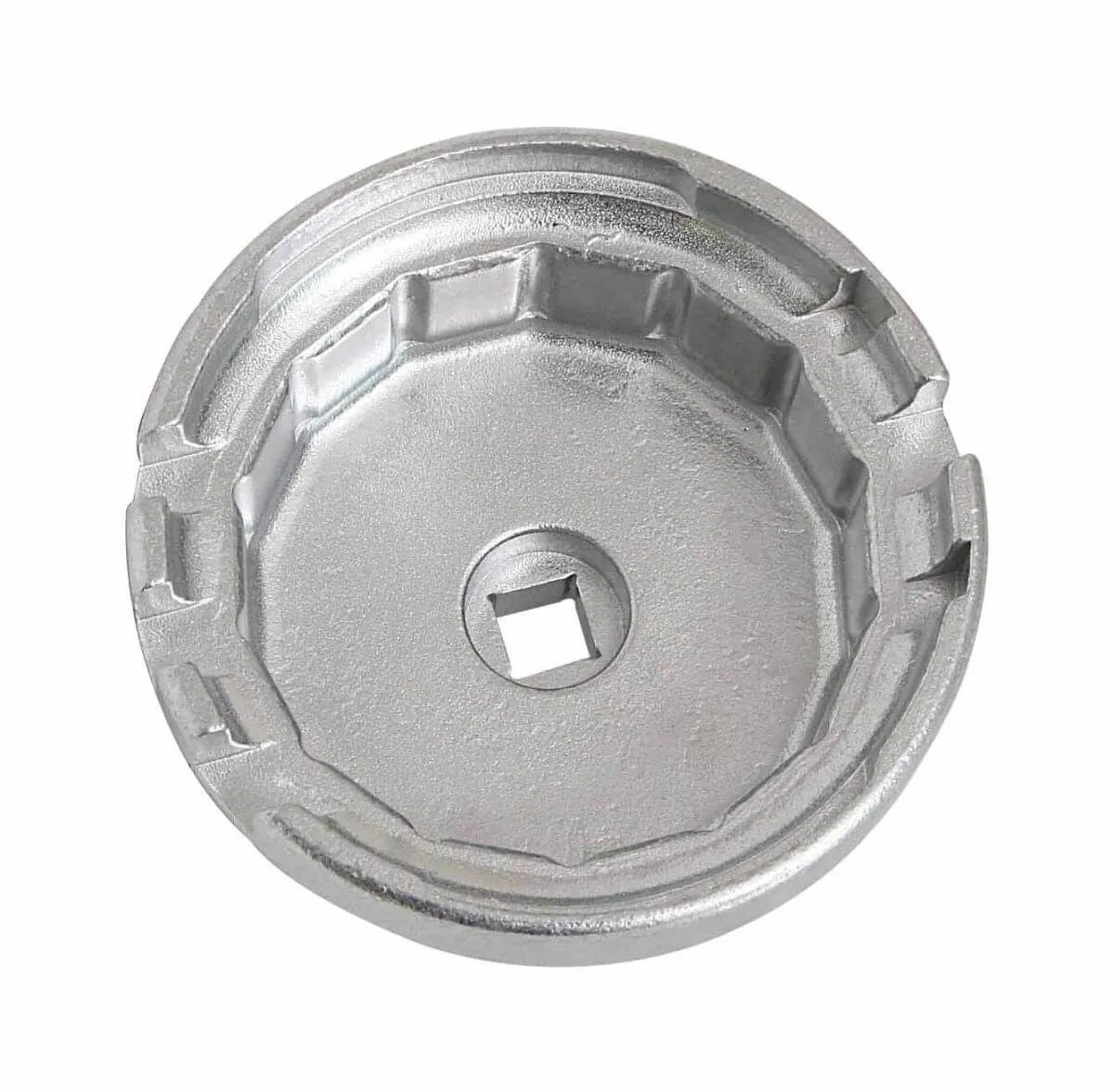 Bottom view of oil filter cap wrench showing interior tabs and square drive opening