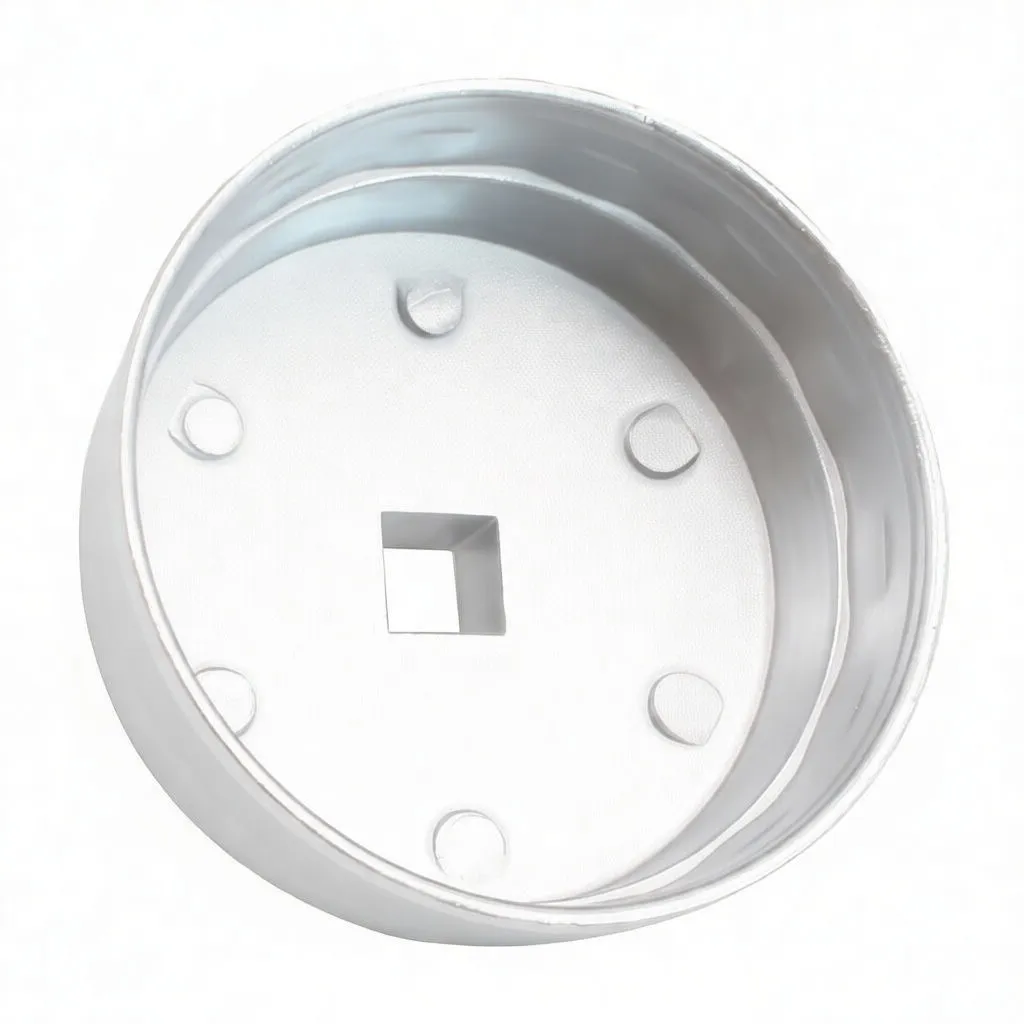 Angled side view of silver cup-style oil filter wrench showing central square drive boss and ribbed face