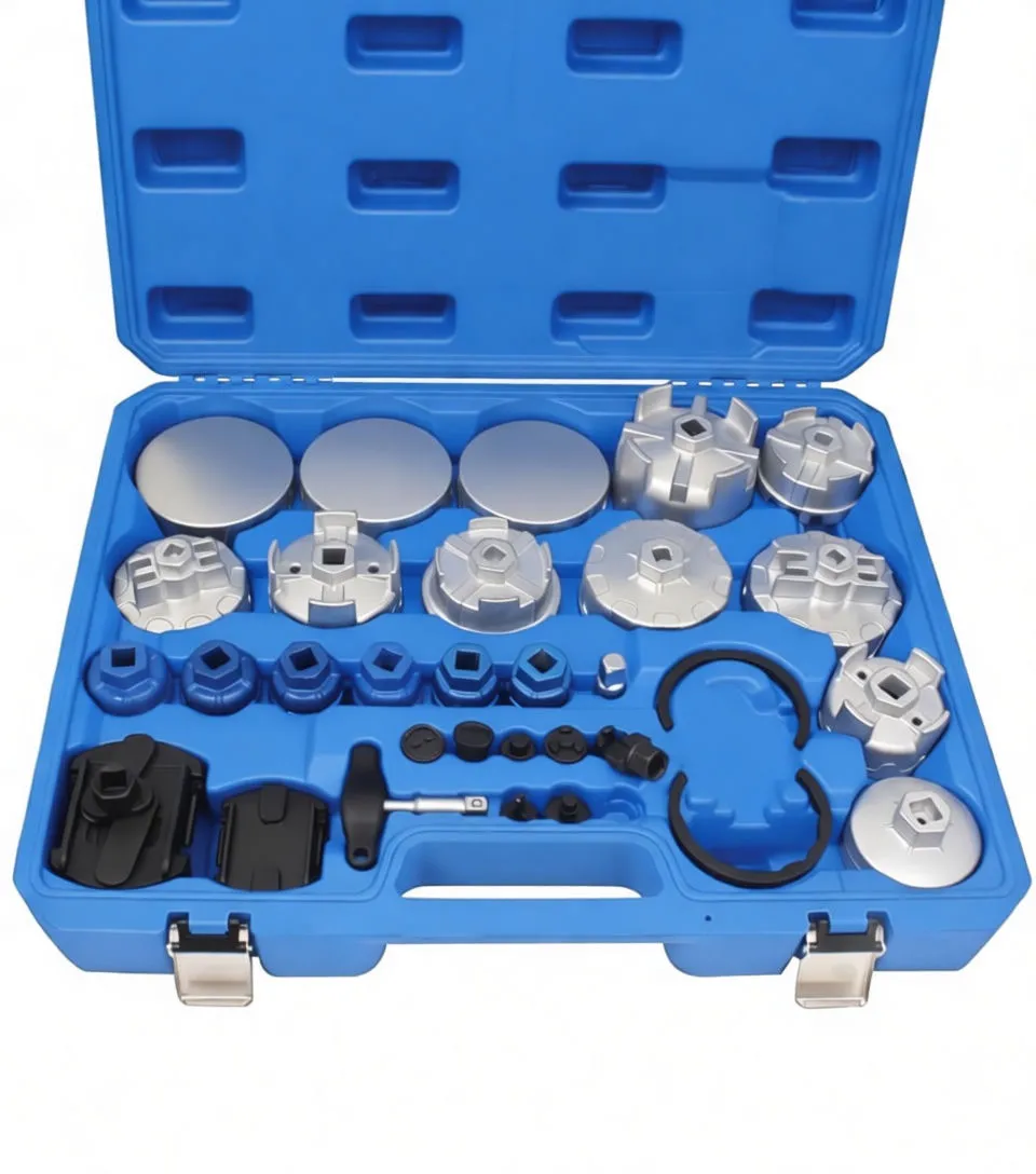 Angled shot of an open blue tool case containing multiple silver oil filter cup wrenches, blue adaptors, black adapters and rubber rings.