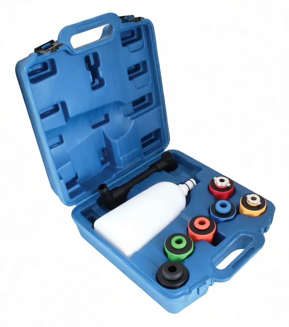 Angled shot of open blue case showing white funnel, black extension spout and six colored adapters.