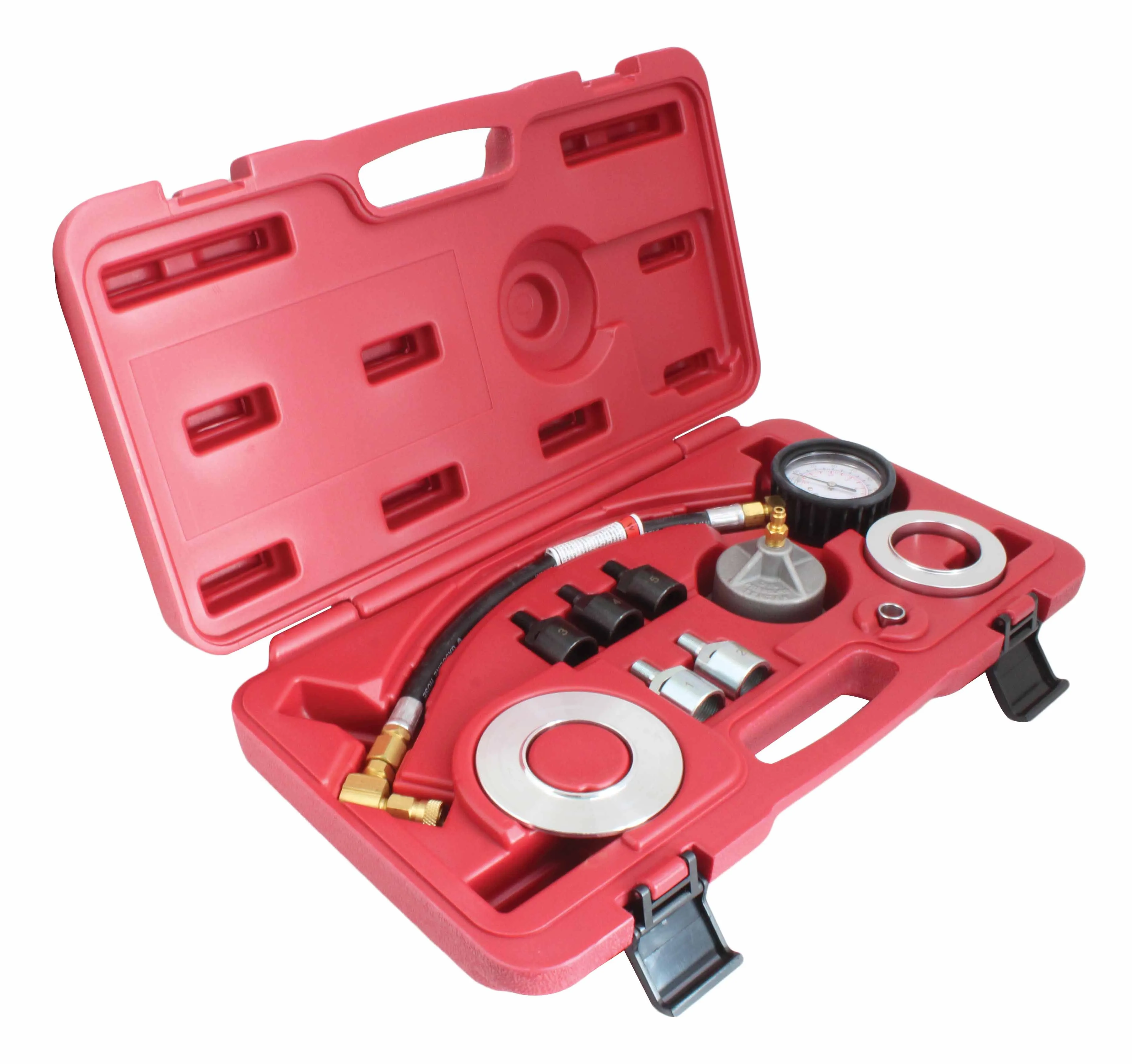 Angled perspective of red case showing hose, brass fittings, gauge, silver rings and multiple adapters