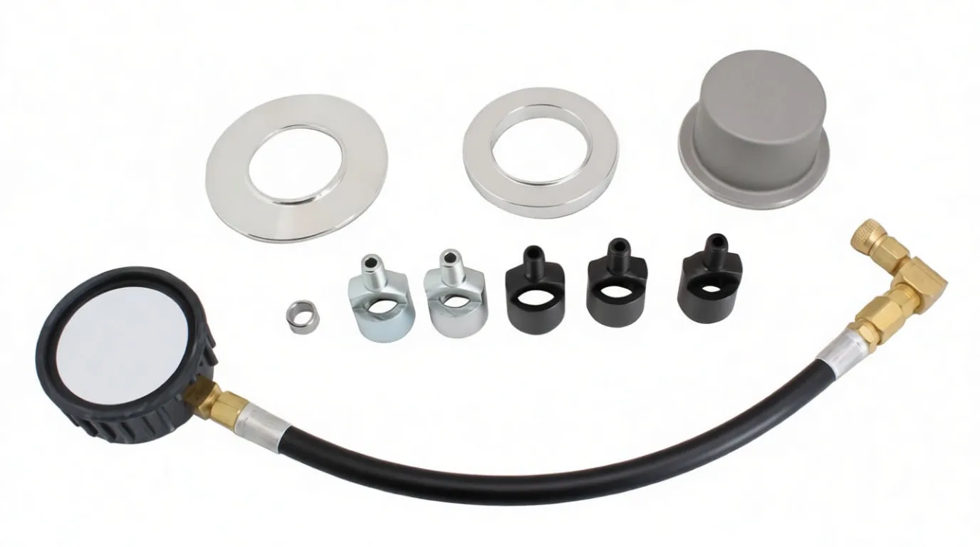 Pressure gauge with hose and individual metal and plastic adapter pieces arranged on white background