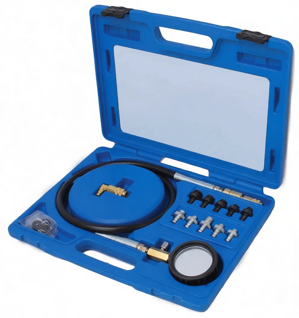 Angled view of oil pressure tester kit in blue carrying case showing gauge, hose, brass connector and adapters