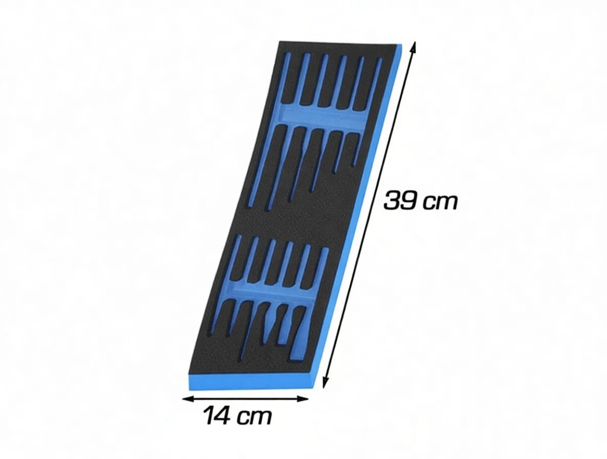 Foam tool tray with cutouts and ASTA logo shown with arrows indicating 39 cm by 14 cm dimensions