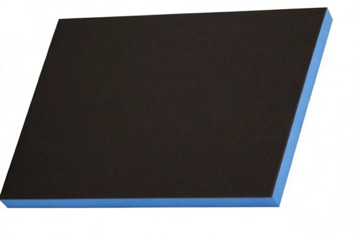 Angled view of black-and-blue foam tool tray with 27 cutouts, ASTA logo and dimensions 56 cm by 39 cm