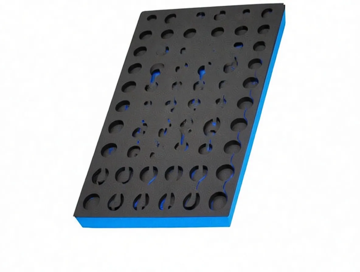 black and blue foam tool tray with labeled cutouts, socket row, and dimensions 28 cm by 39 cm