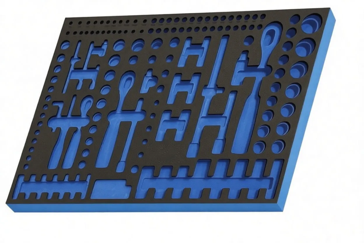 Foam tool tray insert (black top, blue base) with cutouts for tools and printed dimensions 56 cm x 39 cm