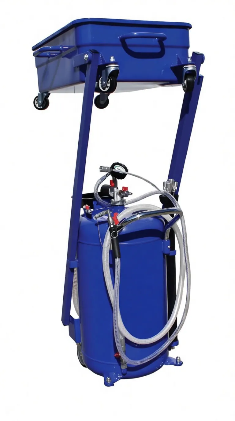 Front view of oil drainer showing tray underside, gauge, hoses and tank