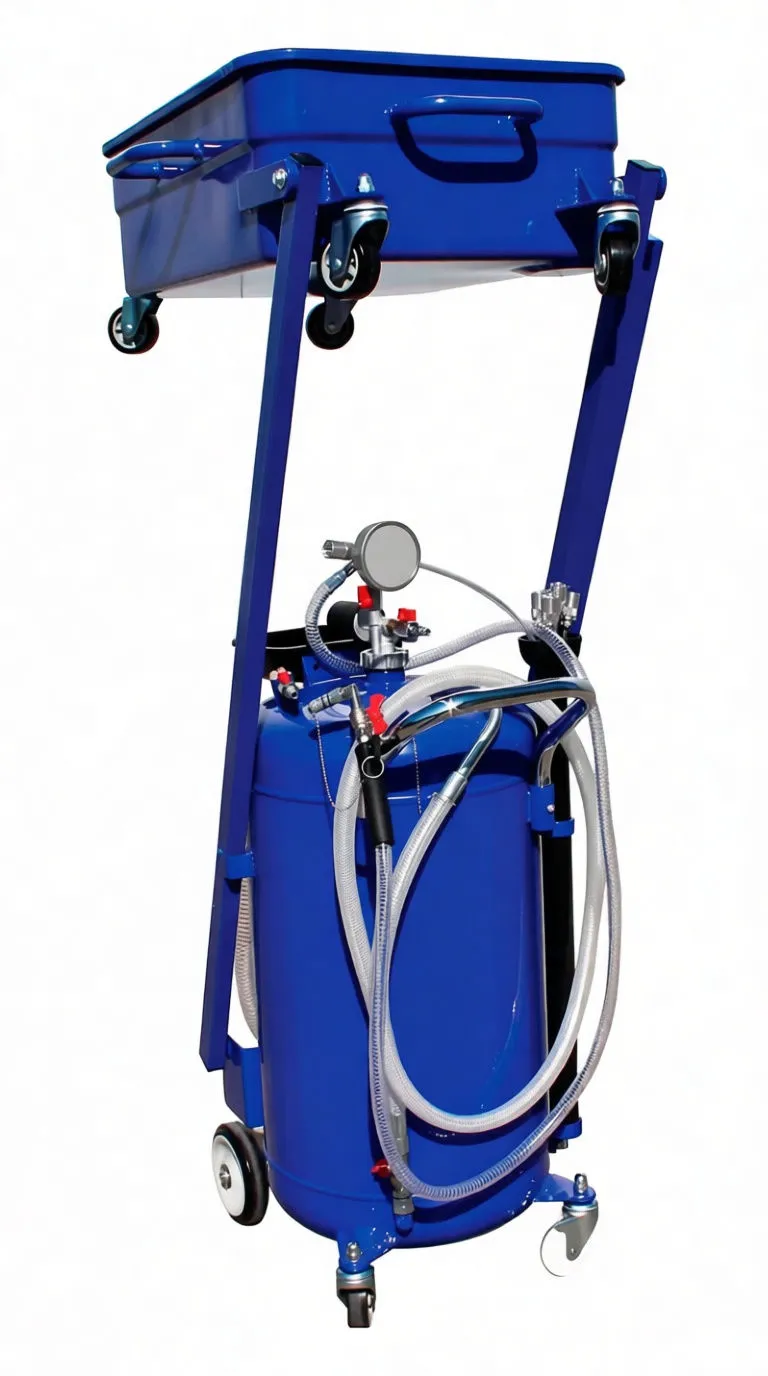 Angled rear view of drainer showing hoses, gauge, wand holder and tray